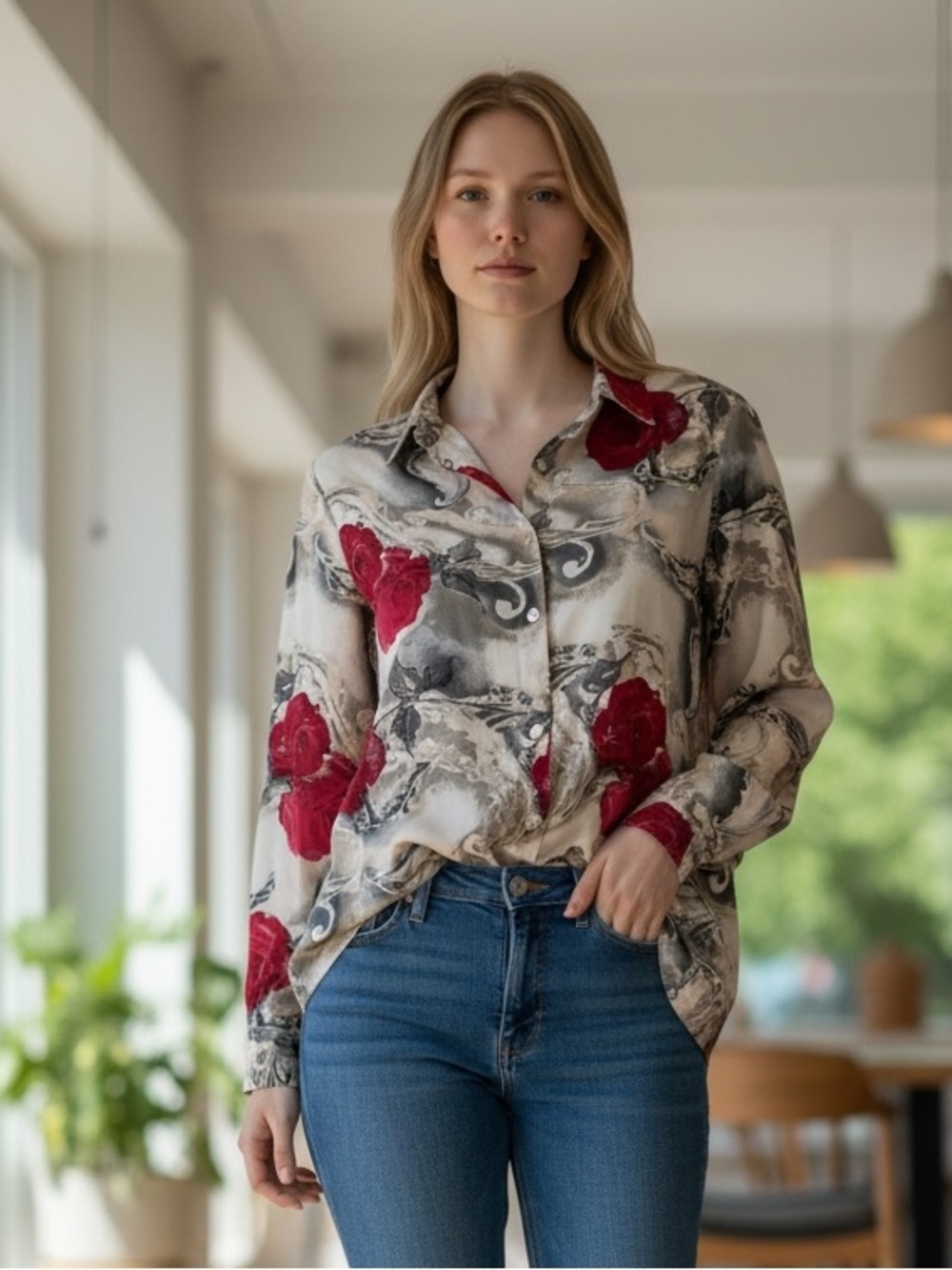 Additions by Chico Red Floral Print Button-Up Blouse - Women (2) Large